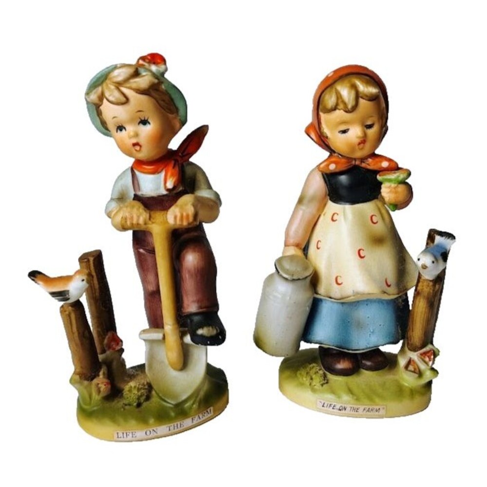 2 Erich Stauffer Life on the Farm Figurines Girl w/ Milk Can Boy w/ Shovel 7"